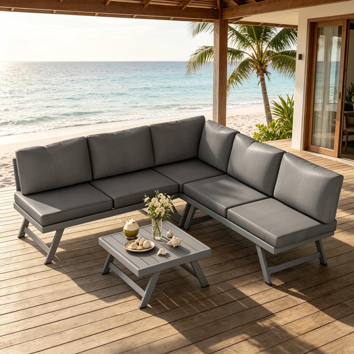 MIVRAY Loungeset 5 Zits Grijs Hoek Met Tafel En Kussens Inbegrepen Voor Tuin En Terras Aluminium Metaal Stof