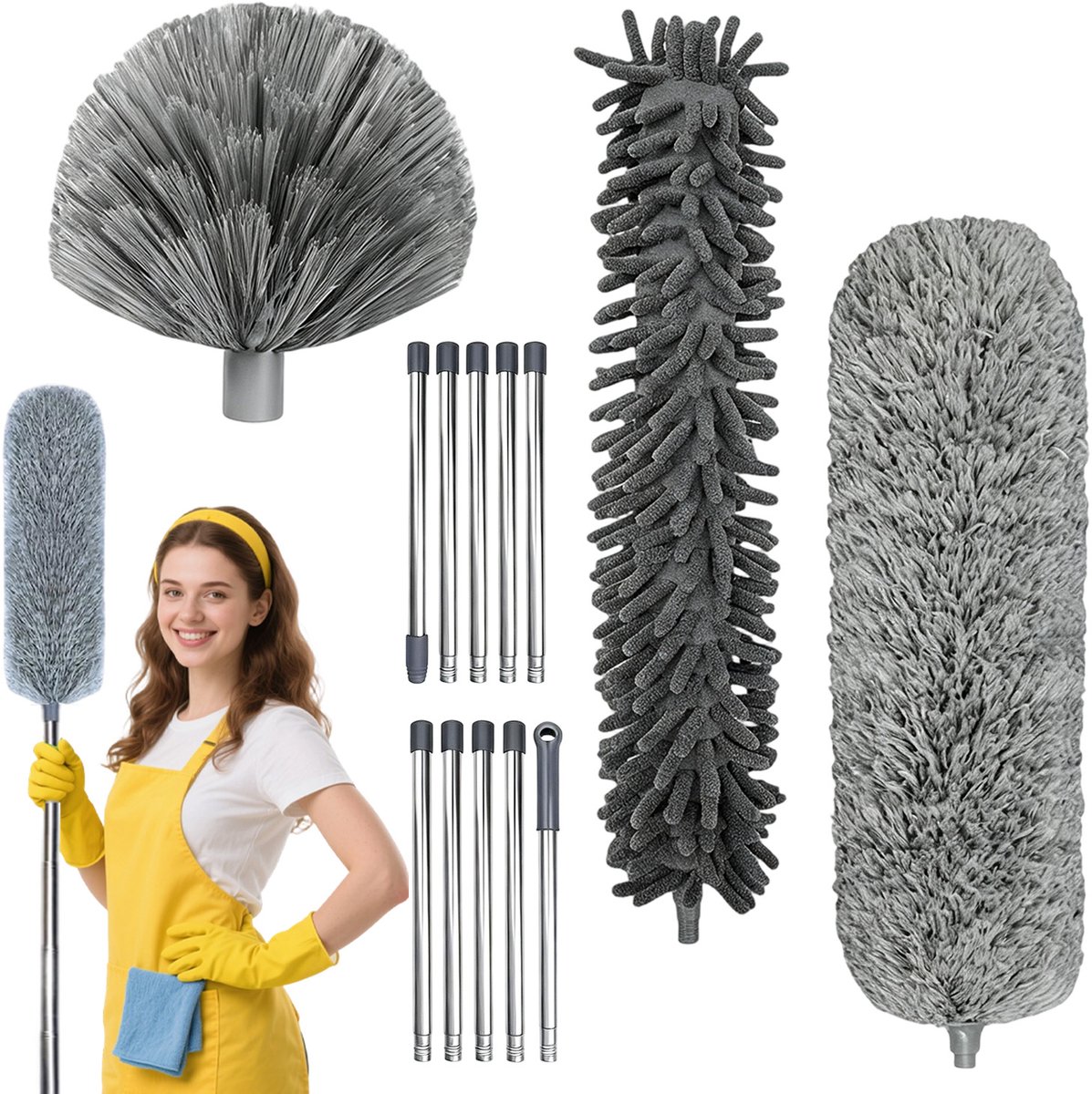 Plumeau Uitschuifbaar - Stofborstel - Ragebol met Telescoopsteel - Duster - Tot 4.4 Meter - Wasbare Microvezelborstel - 3 Verwisselbare Koppen - Antislip Handvat - Stoffer - Voor Plafond & Ventilator & Raam - Schoonmaken Zonder Ladder