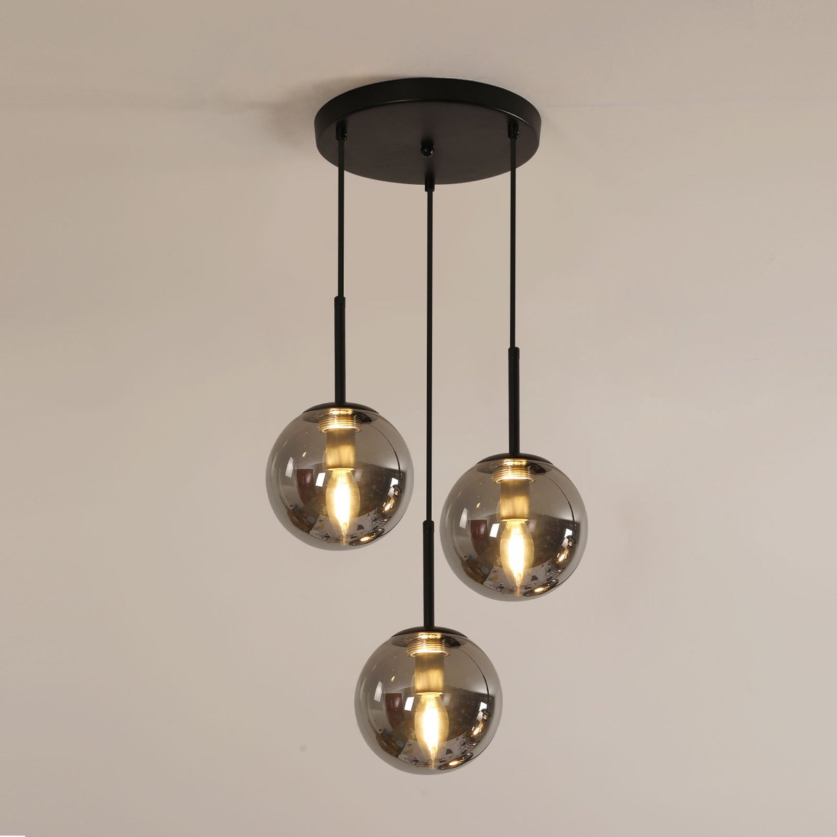 Riserva Hanglamp modern minimalistisch rond zwart, 3‑lichts E14 fitting max 60W zonder lamp, glazen kap 15cm, totale hoogte 1,5m, voor woonkamer slaapkamer eetkamer studeerkamer keuken