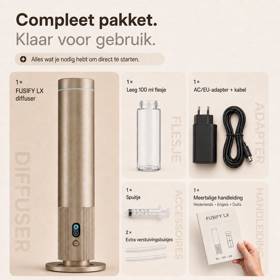 Inhoud van de FUSIFY LX diffuser verpakking: diffuser, lege fles, adapter, spuitje, borreltjes en handleiding.