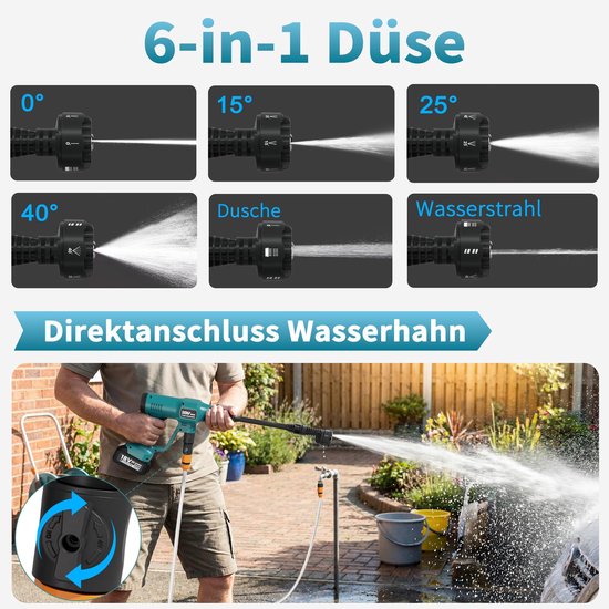 Accu hogedrukreiniger draadloos 60 bar met 6 meter slang multifunctionele sproeier 18V batterij aansluiting — afbeelding 3