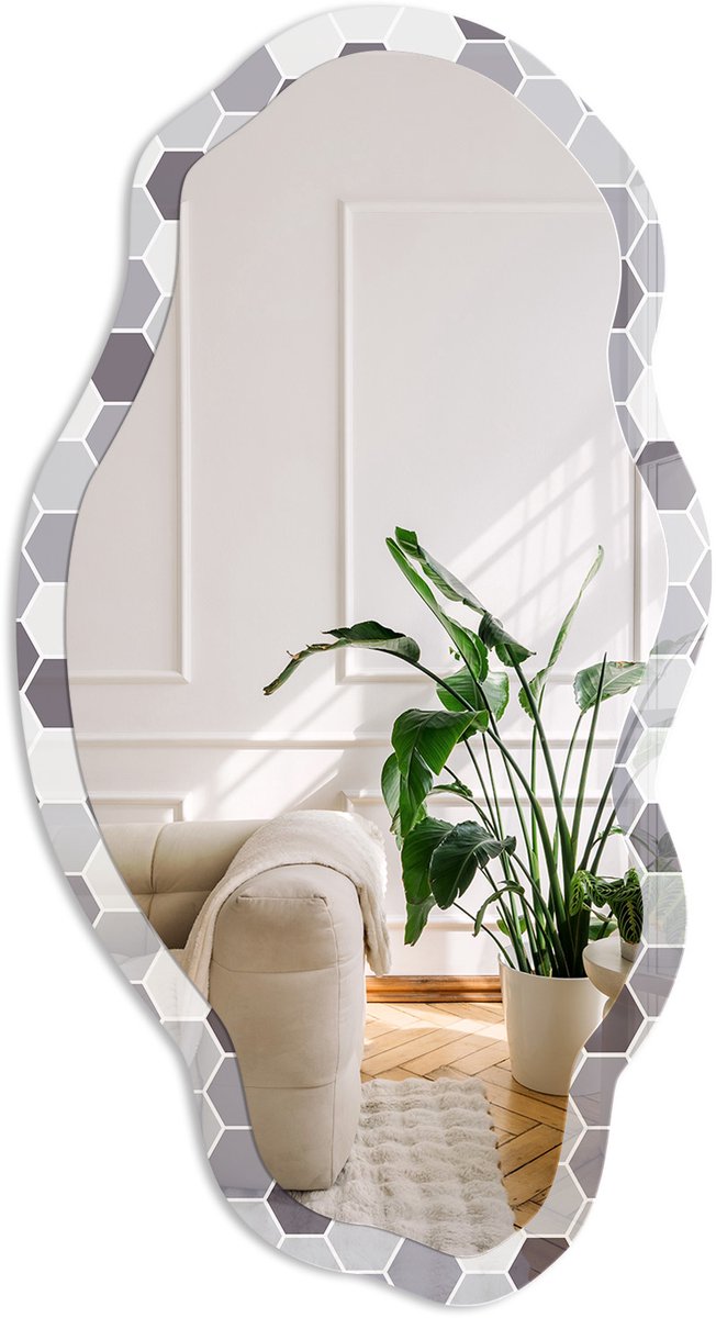 Coloray Geometrische Harmonie Spiegel - Grijs Stijlvolle Wandspiegel - Organische Spiegel - Woonkamer, Kantoor, Hal - Geometrisch - 45x90 cm - Totale afmeting 52x97 cm