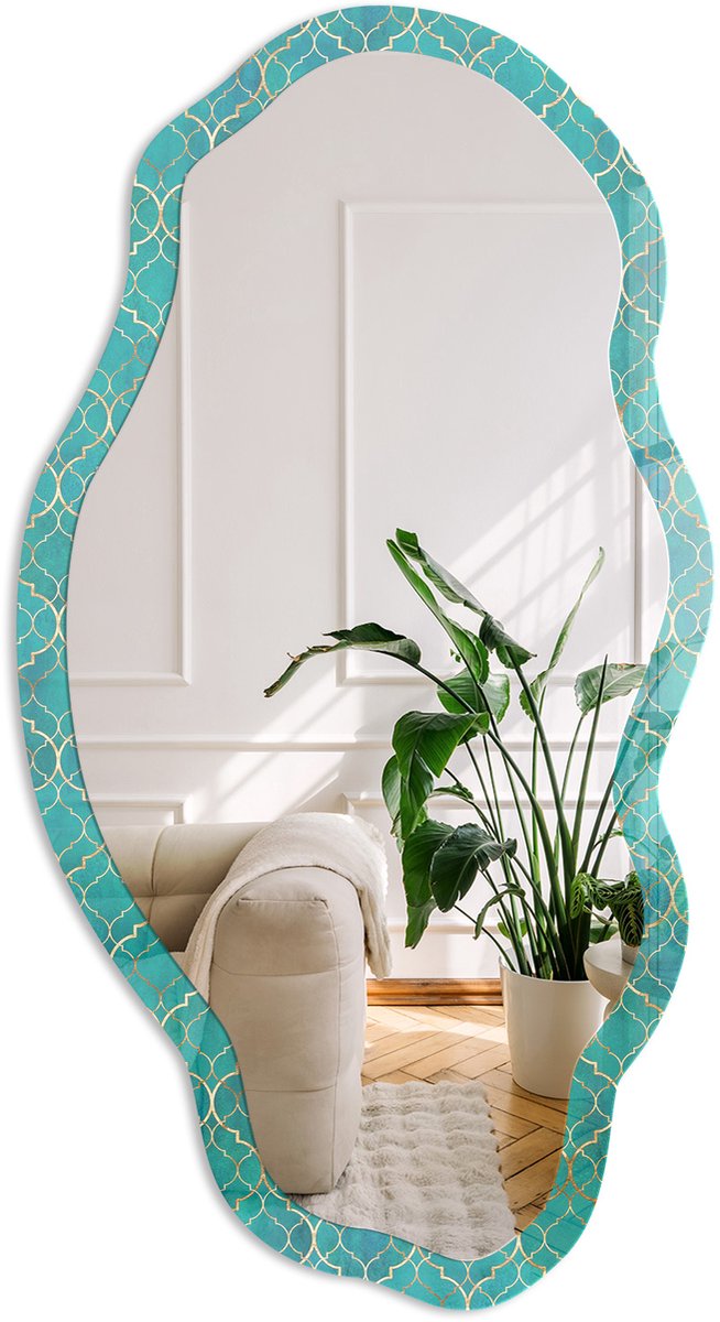 Coloray Oosterse Mozaïek Spiegel - Turkoois Strakke Rechthoekige Spiegel - Organische Spiegel - Badkamer, Woonkamer, Slaapkamer - Geometrisch - 45x90 cm - Totale afmeting 52x97 cm Oosterse Mozaïek, Turkoois