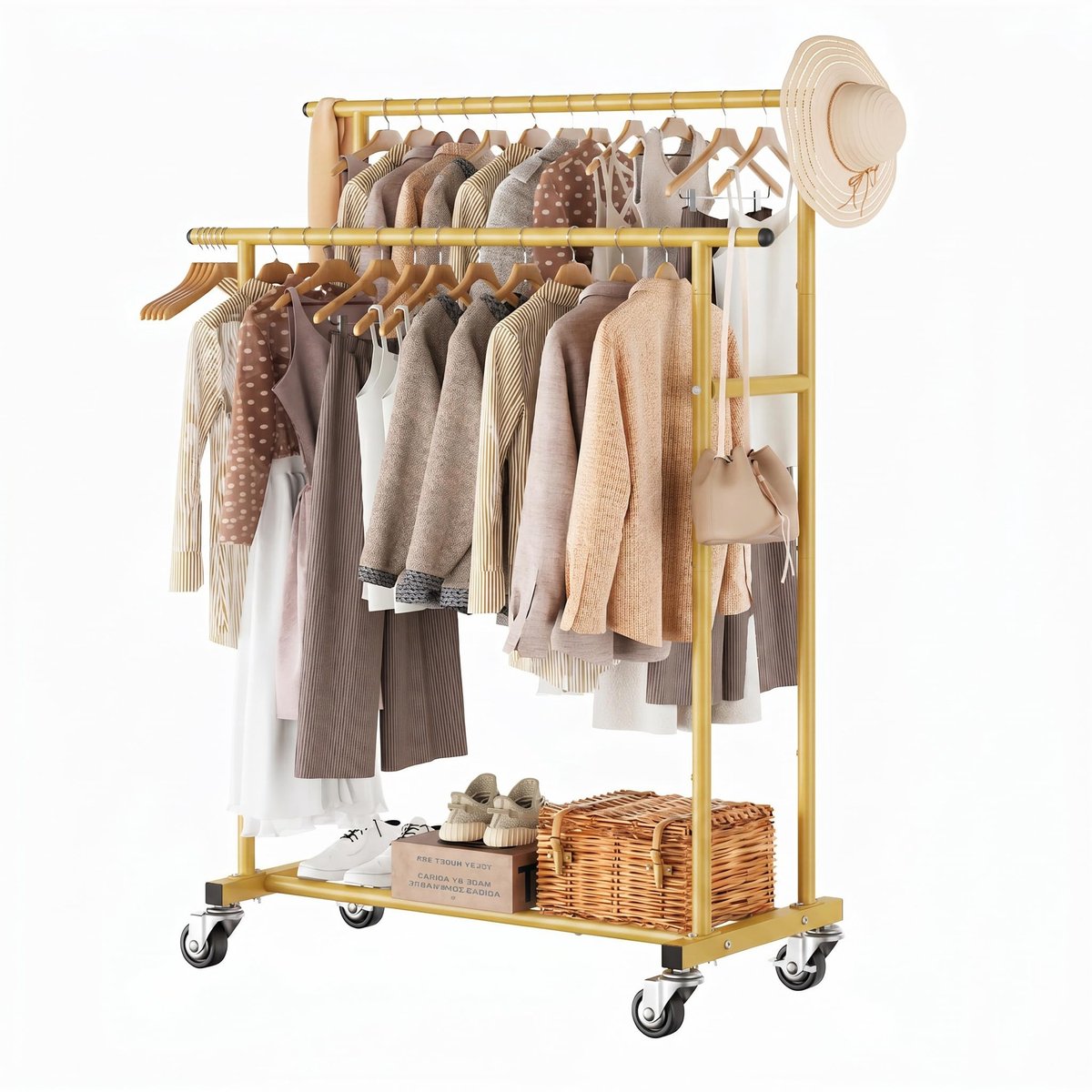 Famanu – Dubbel kledingrek met wielen, draagbare kledingorganizer voor slaapkamer en woonkamer, goud