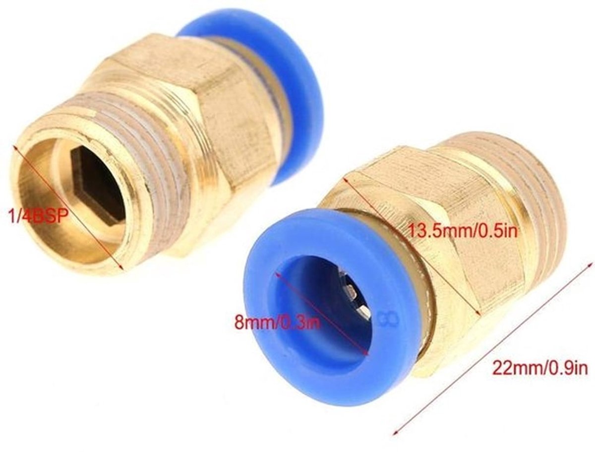 Pneumatische Snelkoppeling - 10 Stuks - Geschikt voor Luchtfitting - G1/4" - Messing Afwerking - Push-In Adapter