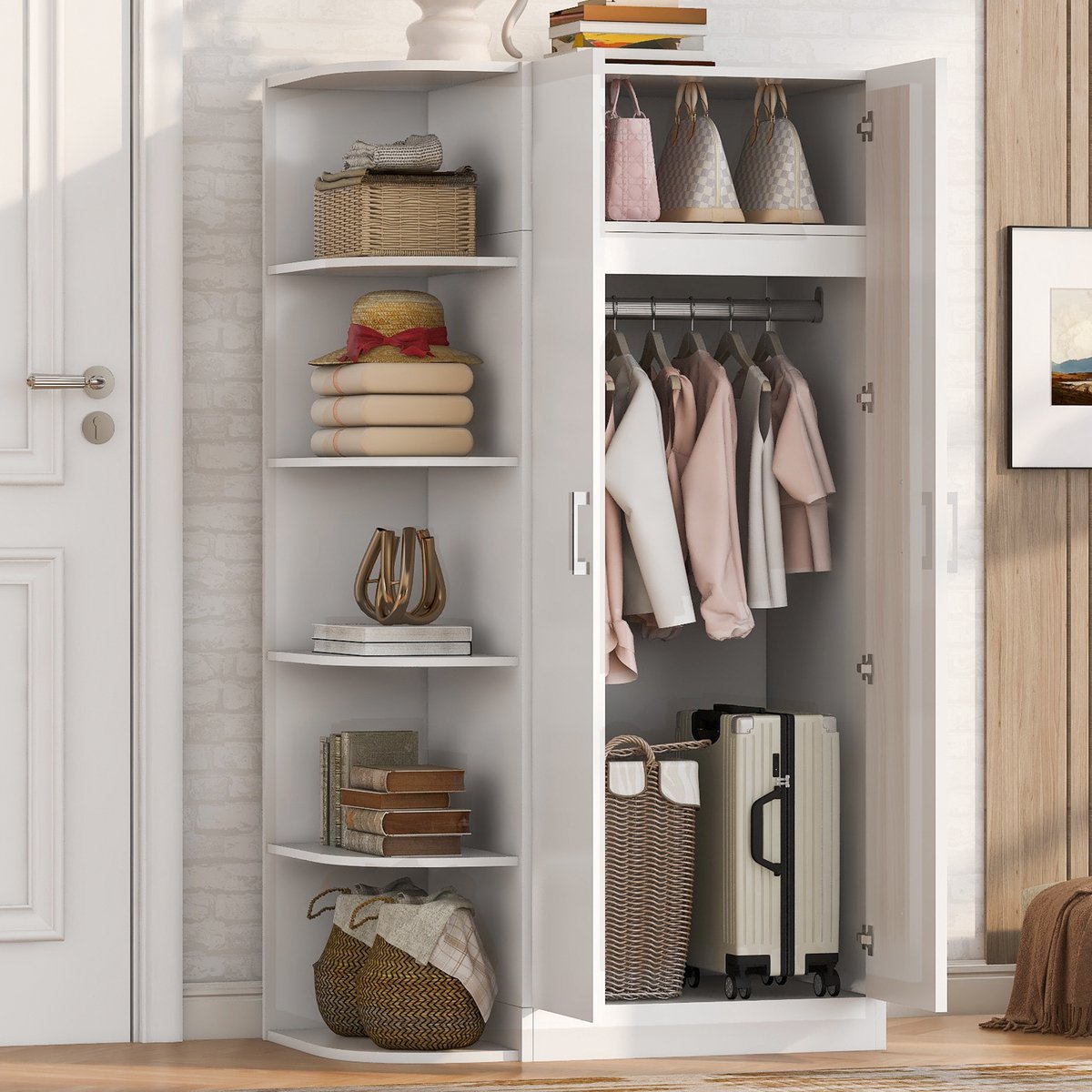 Kledingkast Met Dubbele Deuren, Planken En Laden, Compacte Opbergoplossing Voor Slaapkamer, Woonkamer En Kantoor, Wit, 90x55x170 Cm