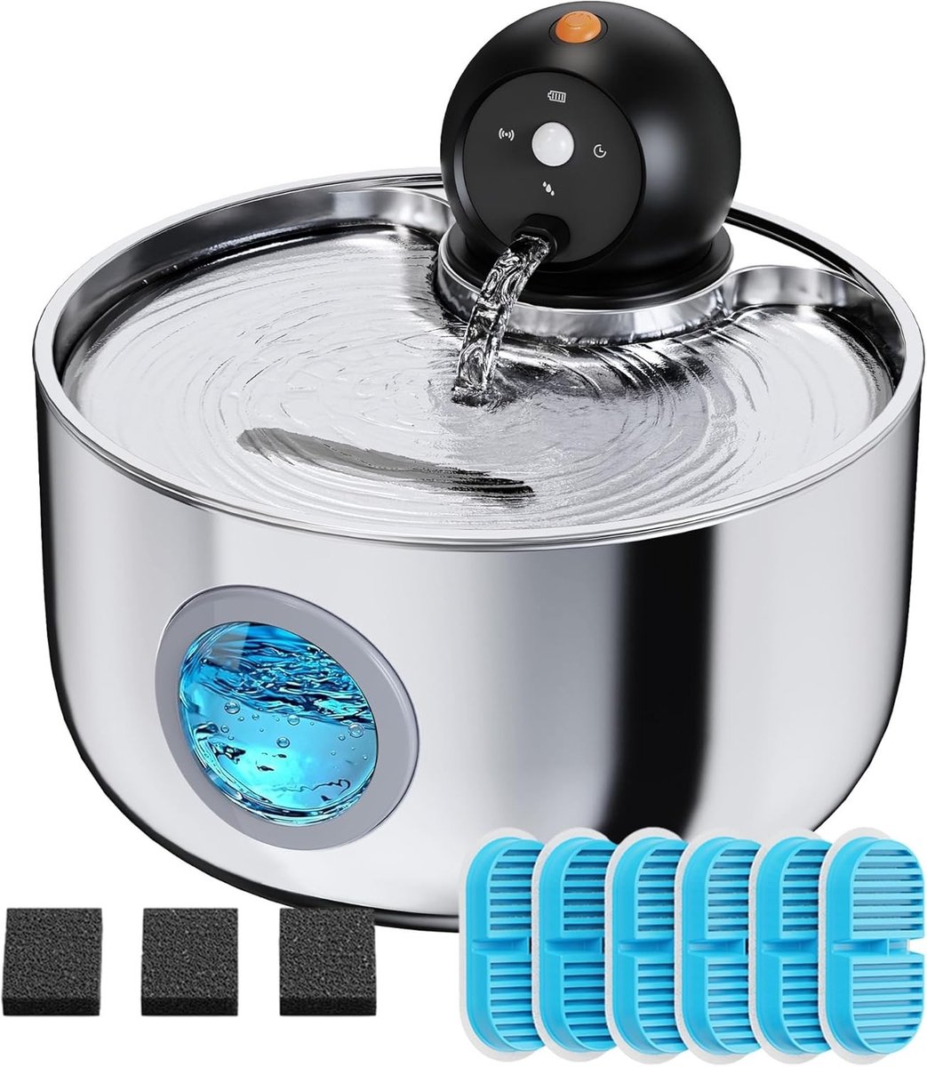 Waterfontein voor kat - RVS - 2,6 liter - Draadloze, stille waterdispenser met bewegingssensor - Voor binnengebruik