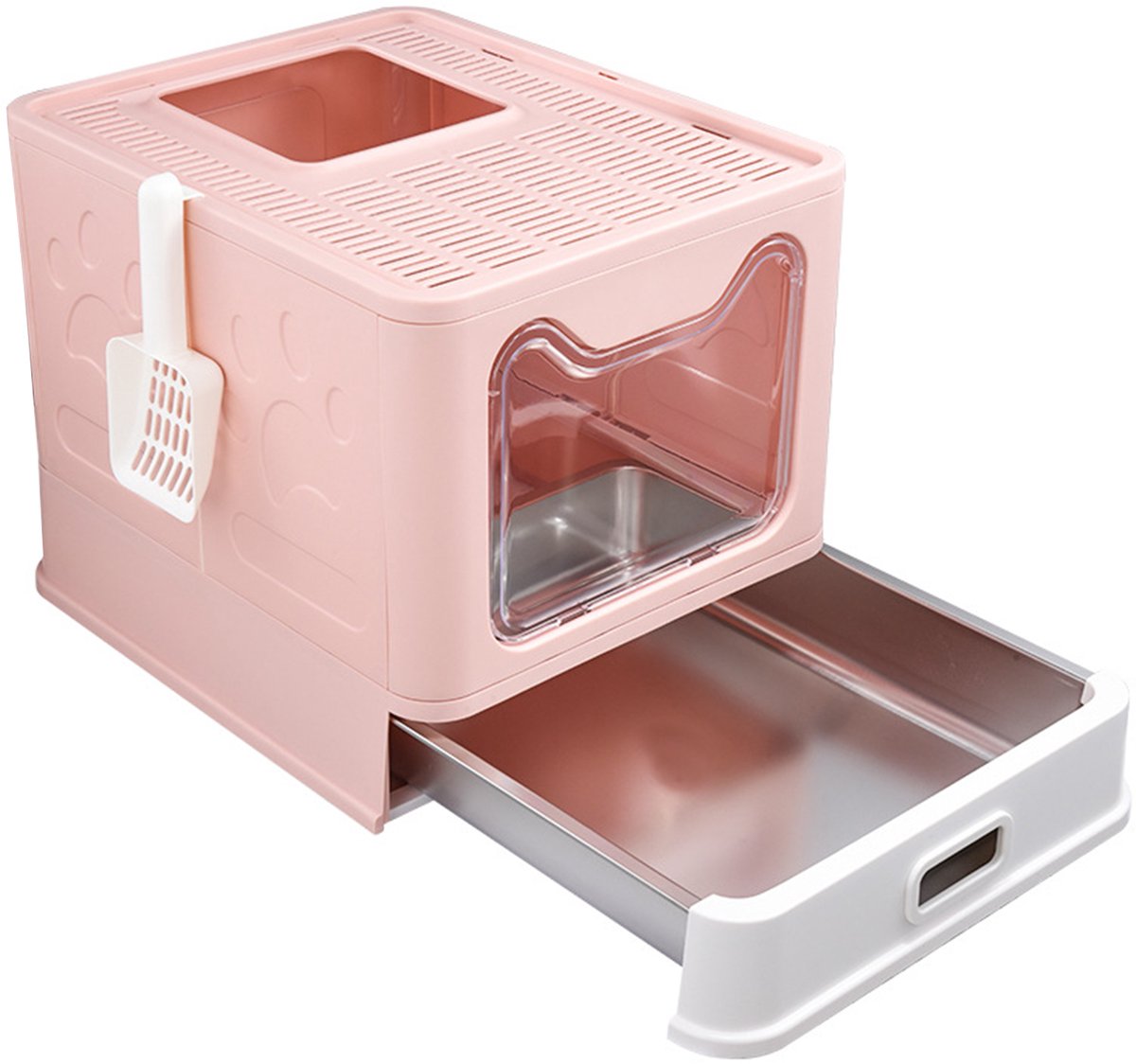 PIPIPOXER Kattenbak RVS -Kattentoilet Roestvrijstaal - Incl. Kattenbakschep met Houder - Gesloten Kattenbak met Lade - 2 in 1 Open Kattenbak - Kattentoilet -41x51x38cm - Roze