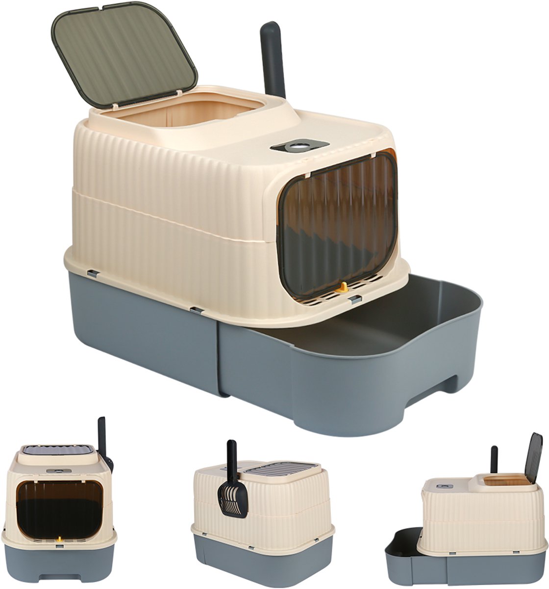 PIPIPOXER Kattenbak met lade -Kattentoilet met Schep - Opvouwbare Gesloten Kattenbak met Lade - - 2 in 1 Open Kattenbak - Kattentoilet - Dubbele ingang/uitgang -37x49x37cm - grijs