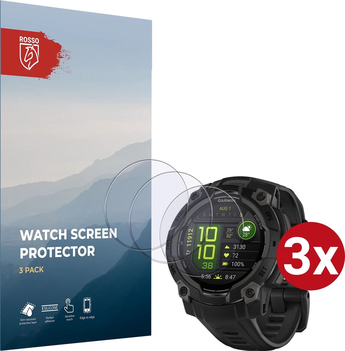 Rosso 9H Tempered Glass - Screen Protector Geschikt voor Garmin Instinct 3 45MM - 3-Pack