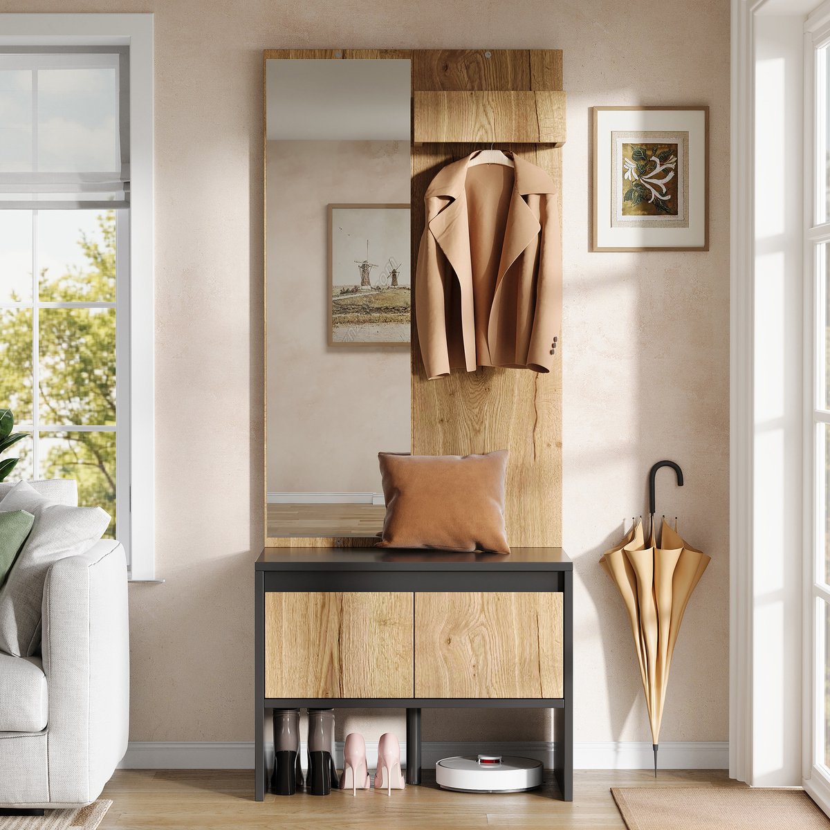 Kledingrek Met Spiegel En Schoenenbank - 2 Lades En Haken Voor Hal En Entree - Spaanplaat - Natuurlijk En Zwart - 60 X 38 X 145 Cm
