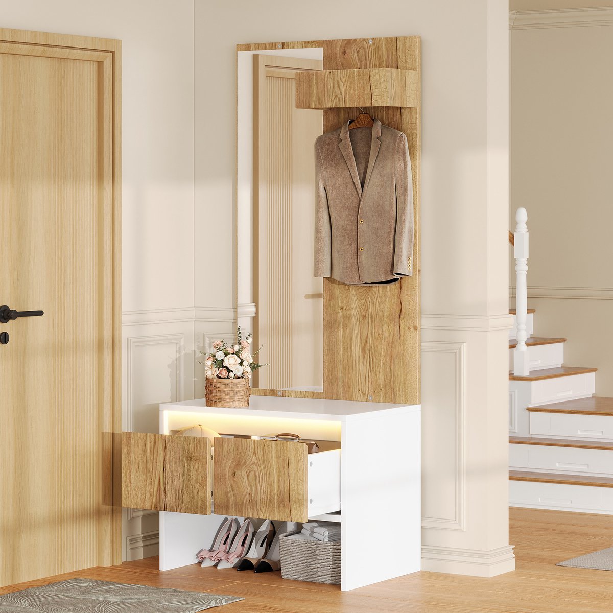 STILVORA Kledingrek - Garderobeset Met Spiegel, Haken, Schoenenbank En 2 Lades - Voor Hal En Entree - Hout - Wit/Naturel - 60x38x145 Cm