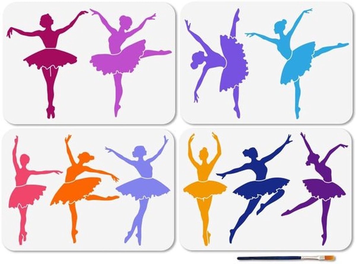 Ballerinasjablonen 4 stuks - Herbruikbare Schildersjablonen - Kunststof - Balletdanser Silhouetten - Flexibel en Duurzaam - Inclusief Kunstpenseel - Schildersjabloon