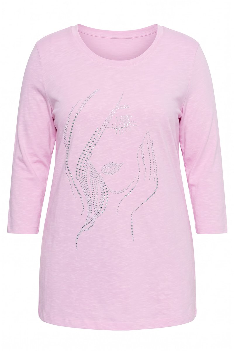 MIAMODA - Dames - T-shirt classic fit vrouwen glittermotief - Oudroze - Maat 56