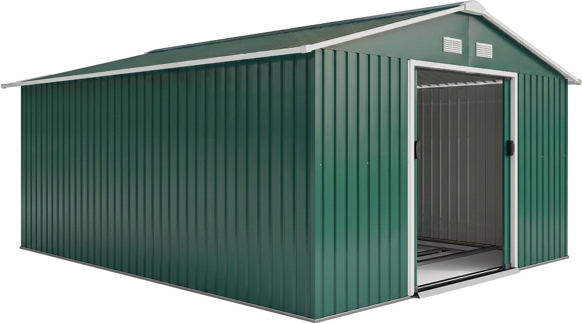 Gereedschapsschuur - weerbestendige tuinschuur voor tuingereedschap - met ventilatieramen - schuifdeuren - staal - donkergroen