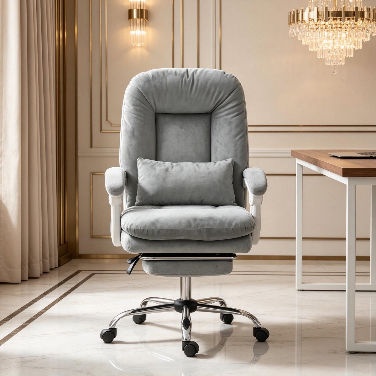 Ergonomische Bureaustoel Verstelbaar Kantelbaar Met Voetsteun En Lendensteun Met Wielen Voor Thuiswerk En Kantoor Velvet Grijs