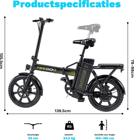 YEE GOO Elektrische fiets - Elektrische Vouwfiets - Opvouwbare fiets - 250 W Motor - 36V10.4AH Batterij - Verwijderbare Accu - Max. Snelheid 25 km/u - 30-45 km Actieradius - 16″ Banden - Dubbele Schijfremmen - geschikt voor woon-werkverkeer - Zwart — afbeelding 5