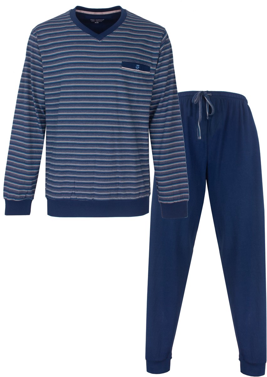 Paul Hopkins Heren Pyjama - Gestreept - Lange Mouwen - V-hals - Blauw - Maat L