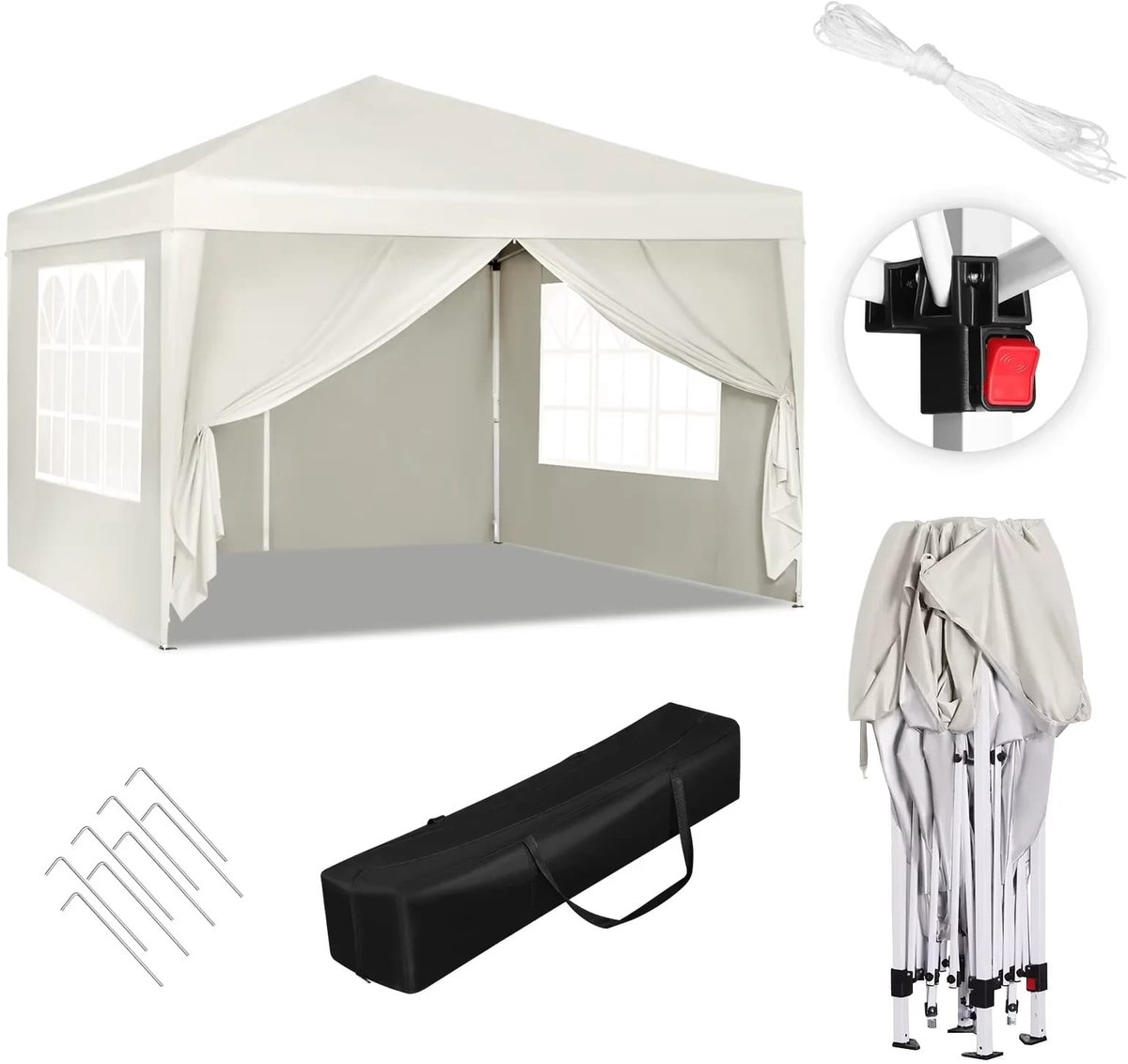Klarven® Partytent Beige - Waterdicht en UV-bestendig, Met oprolbare zijwanden en 2 ritsdeuren, Snel opgebouwd, Inclusief draagtas - 3x3 m, H verstelbaar 250-258 cm