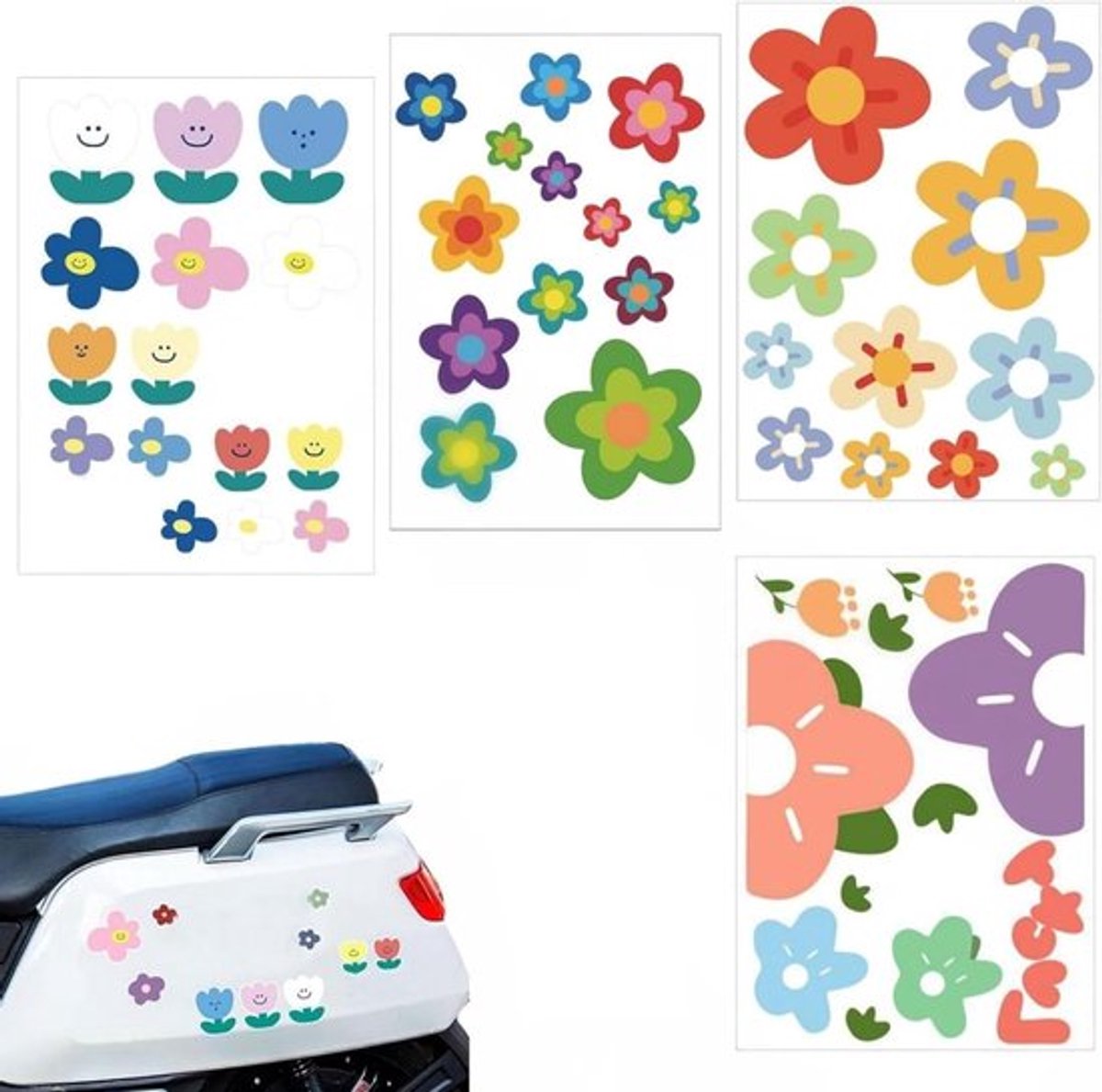 Fietsstickers bloemendesign PVC zelfklevend waterdicht - 4 vellen kleurrijk assortiment - Herbruikbaar - Binnen en buiten gebruik - Decoratief `75 characters`