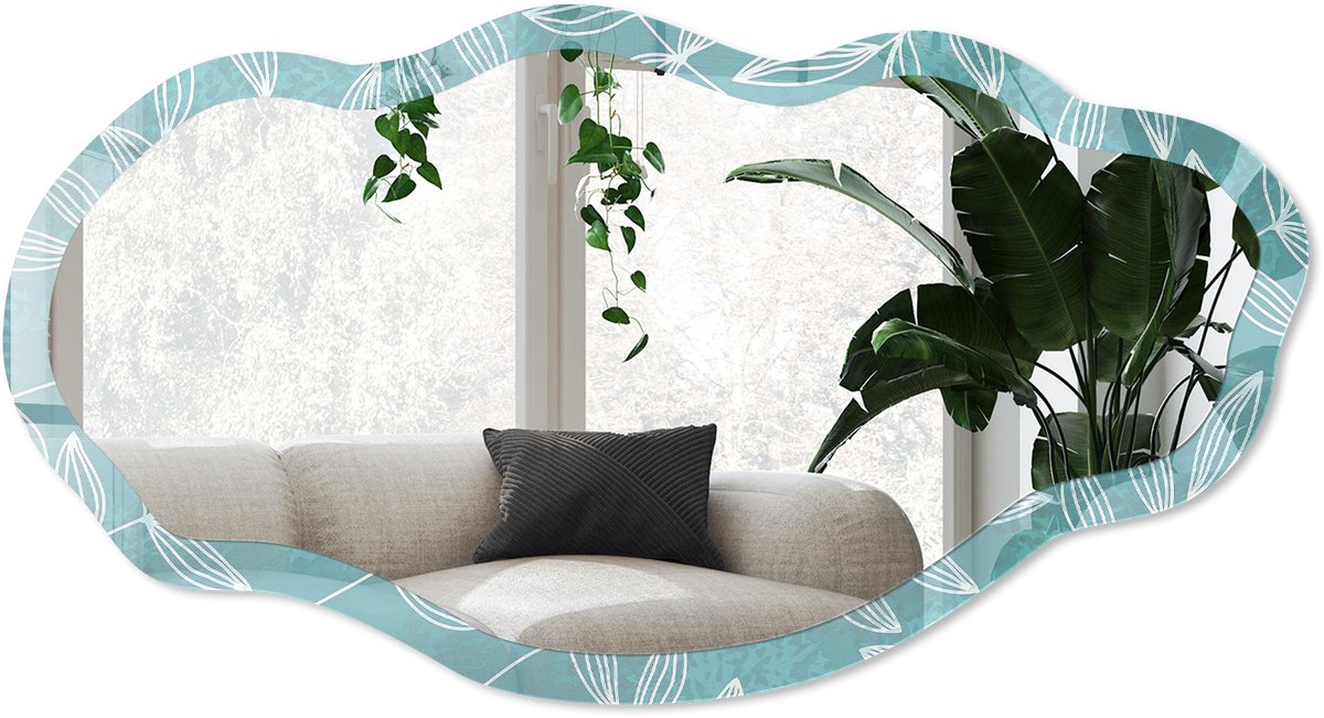 Wallfluent Turkooizen Bladeren Spiegel - Turkoois Rechthoekige Spiegel Met Modern Design - Organische Spiegel - Slaapkamer, Woonkamer, Badkamer - Scandinavisch - 45x90 cm - Totale afmeting 52x97 cm