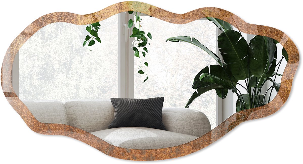 Wallfluent Roestige Textuur Spiegel - Bruin Stijlvolle Wandspiegel - Organische Spiegel - Woonkamer, Kantoor, Hal - Industrieel / Loft - 45x90 cm - Totale afmeting 52x97 cm