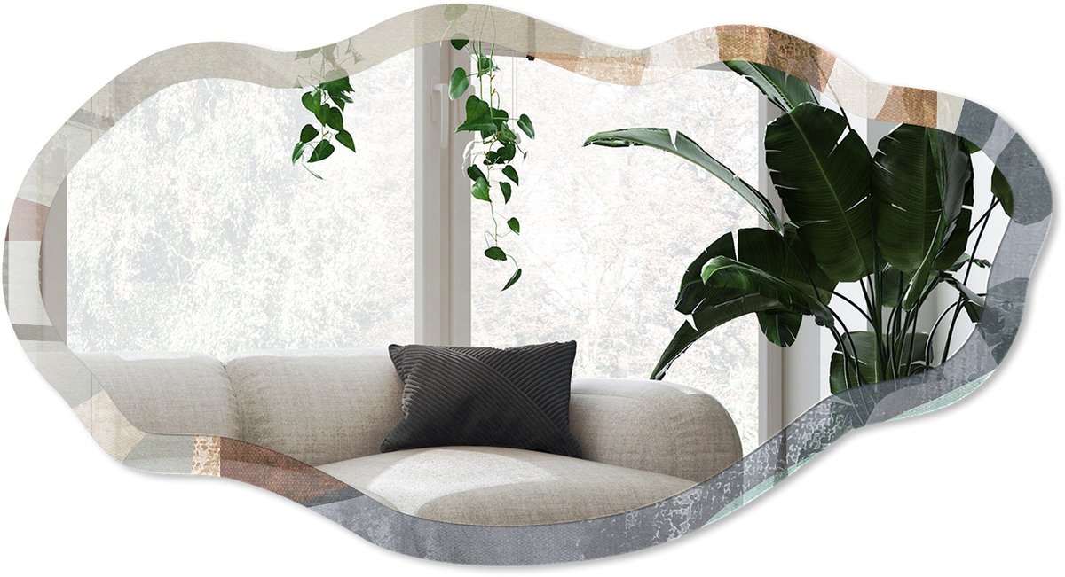 Wallfluent Organische Vormen Spiegel - Bruin Moderne Rechthoekige Wandspiegel - Organische Spiegel - Woonkamer, Kantoor, Slaapkamer - Geometrisch - 45x90 cm - Totale afmeting 52x97 cm