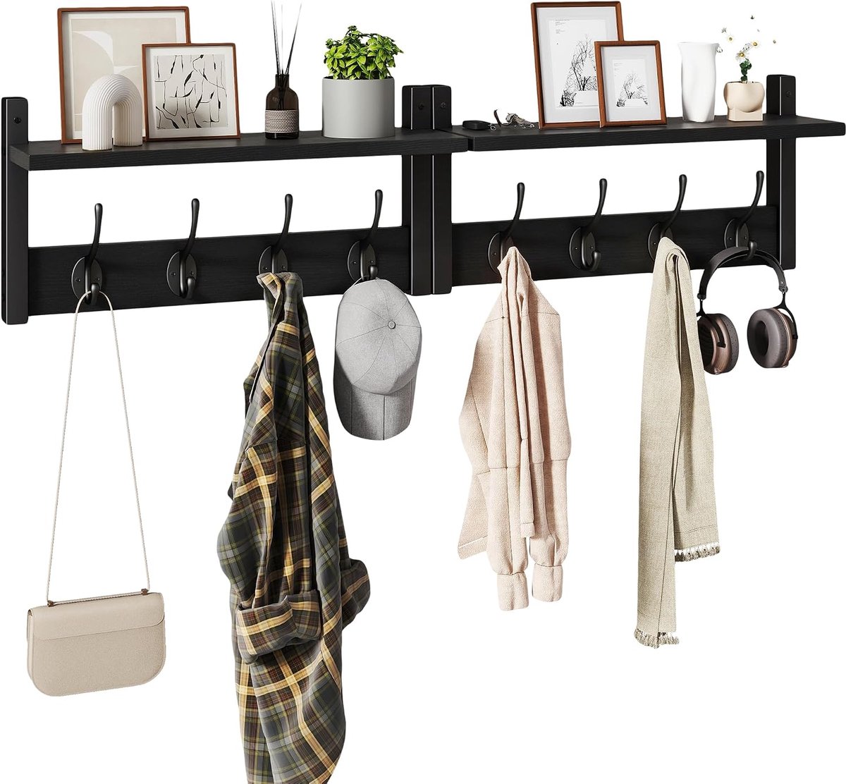 Home & Beyond® Wandkapstok met Plank - Set van 2 Wandrekken - 8 Dubbele Haken - Zwart - 80 cm