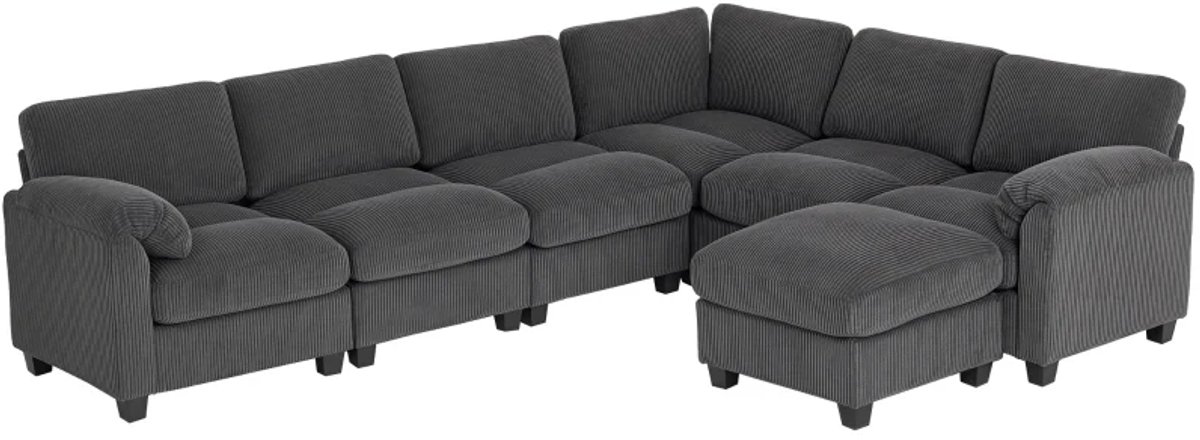 Hoekbank U-vorm - Bank met Verende Vulling - Gewatteerde Armleuningen - Beweegbare Poef - Koord - 292 x 224 x 85 cm - Donkergrijs