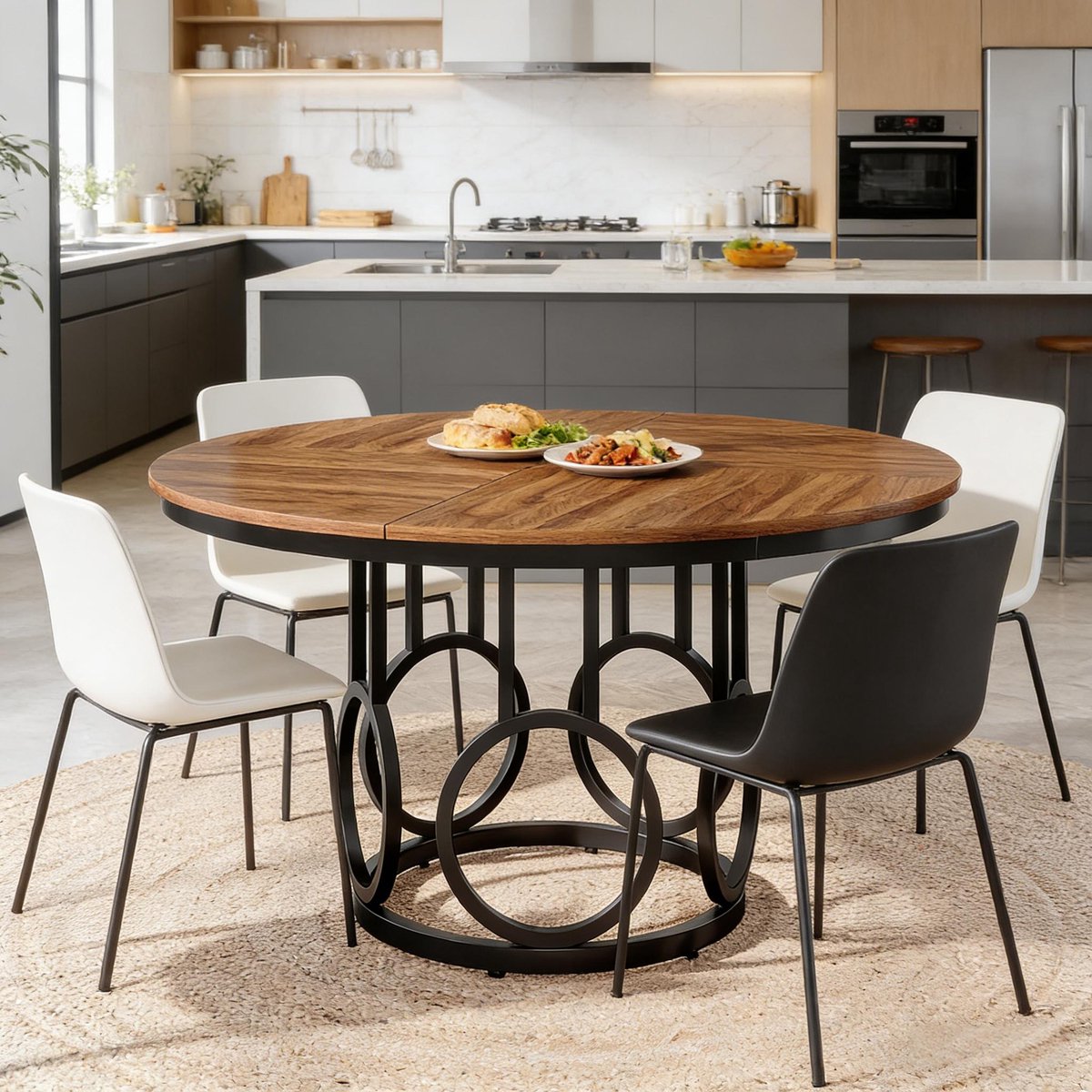 STILVORA Eettafel Ronde Tafel Met Donker Walnoot Blad En Zwart Metalen Onderstel Voor 4 Tot 6 Personen 120 Cm