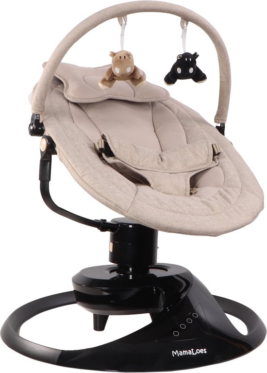 Beige elektrische babyschommel met speelboog met een bruin en zwart speeltje.