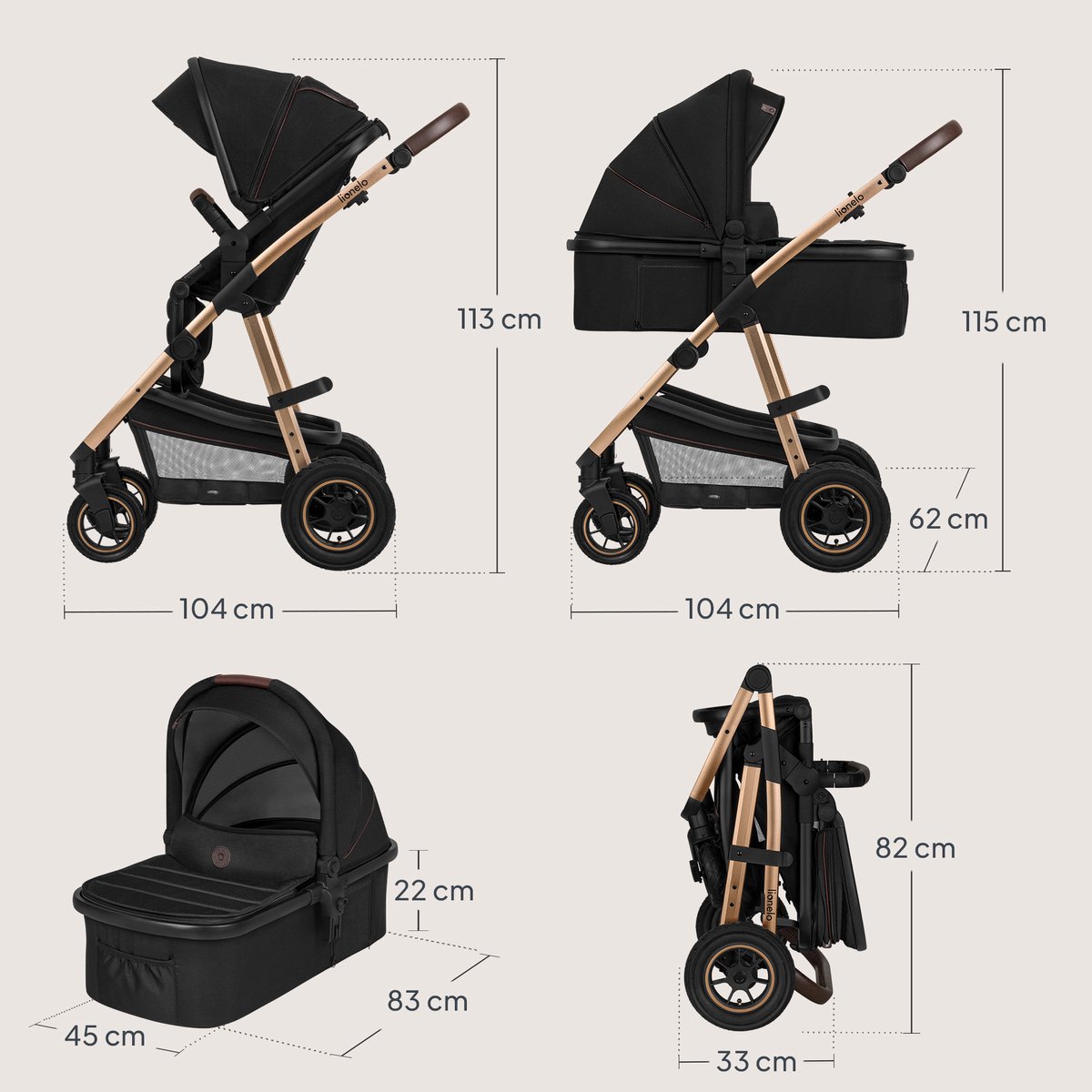 Lionelo Amber Kinderwagen 3 in 1 – Reiswieg + Wandelwagen + Astrid i-Size Autostoel met ADAC – 0-22 kg – Grote Luchtbanden – Volledige Vering – Omkeerbare Zitting – XXL Zonnekap UPF50+ – Verstelbare Duwstang – Accessoireset thumbnail 4