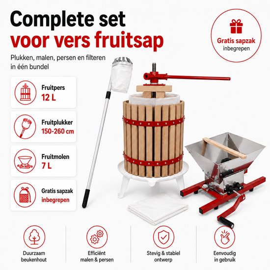 HOME It® Fruitpers Set 12 L - Eikenhout Appelpers met Fruitmolen 7 L, Telescopische Fruitplukker 150-260 cm & Gratis Sapzak - Voor Sap & Cider van home-it — afbeelding 4