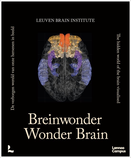 Représentation colorée d'un cerveau humain avec le texte 'Breinwonder Wonder Brain' et 'The hidden world of the brain visualised'.