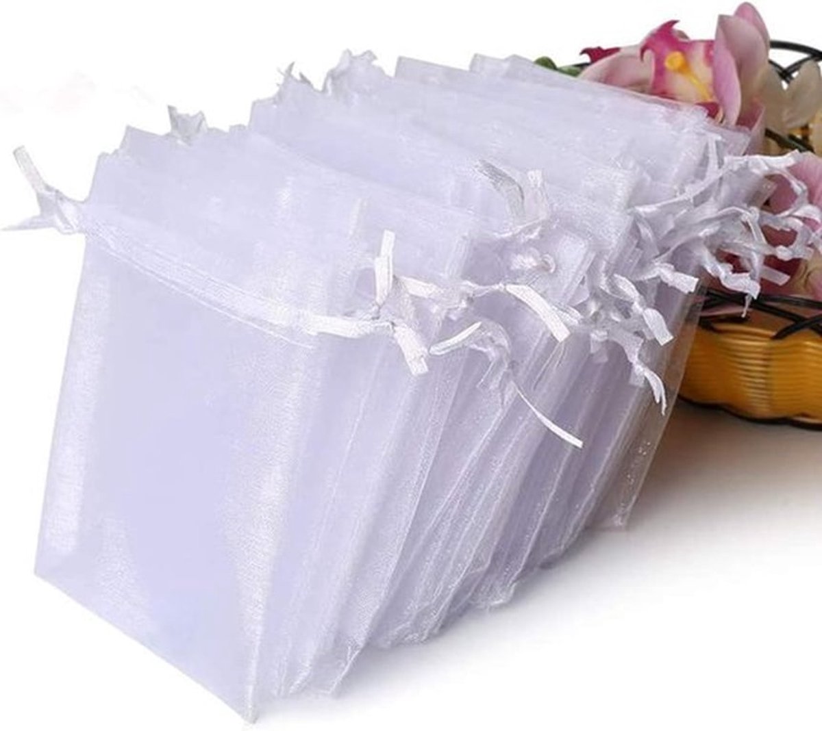100 stuks hoogwaardige transparante organzazakjes, witte huwelijkscadeauzakjes, 4x4,72 sieradencadeauzakjes voor feesten, sieraden, Kerstmis, feestdagen, badkamerzeep, cosmetische organza, verpakkingsmaterialen