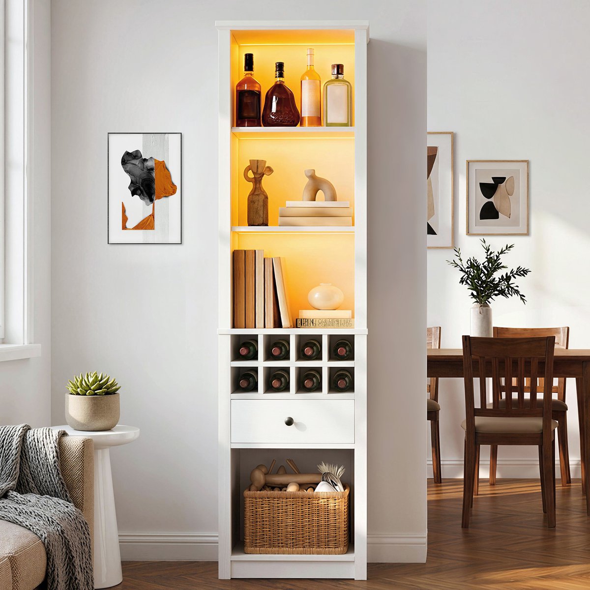 PHOEBE CAT Vitrinekast - Wijnkast - Boekenkast - LED-verlichting - Met lade - 55 x 40 x 200 cm - Wit