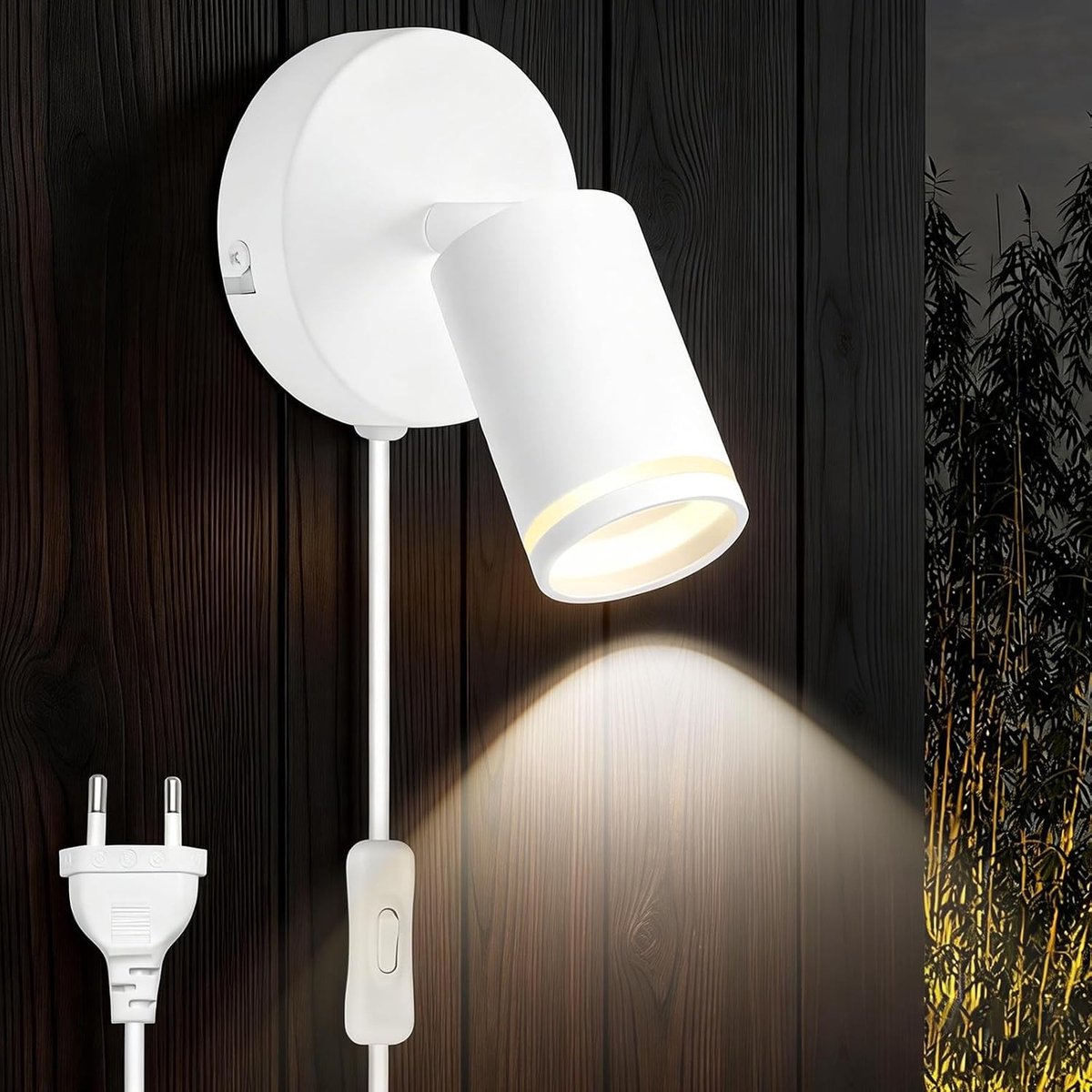 Wandlamp met Schakelaar en Stekker - Wit - 11 x 14 x 23 cm - Draaibare LED Wandlamp met Timer - Voor Slaapkamer en Woonkamer