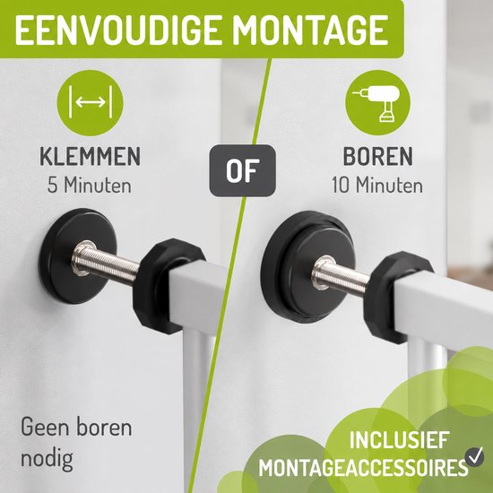 Illustratie van de montage van een wit traphekje: klemmen of boren. "Eenvoudige montage".