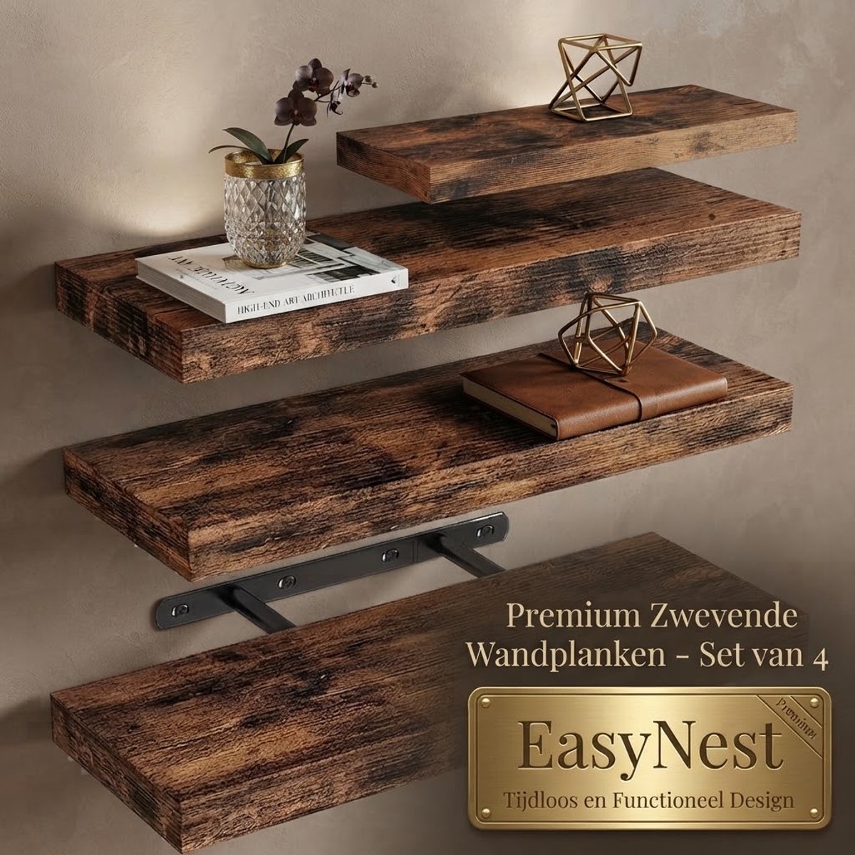 Wandplanken Set van 4 – Zwevende Wandplanken van Massief Hout – 10 kg Draagvermogen per Plank – Ruimtebesparende Planken voor Woonkamer, Keuken, Badkamer en Slaapkamer
