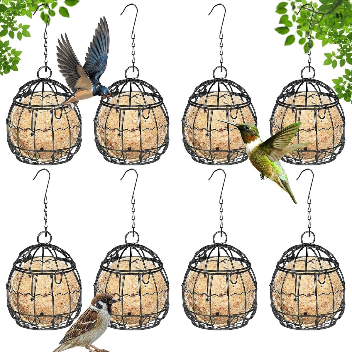 Set van 8 Vogelvoederhuisjes met Kettingen en Schapenvachtballen voor Tuin en Balkon, Ideaal voor Mezen en Spreeuwen