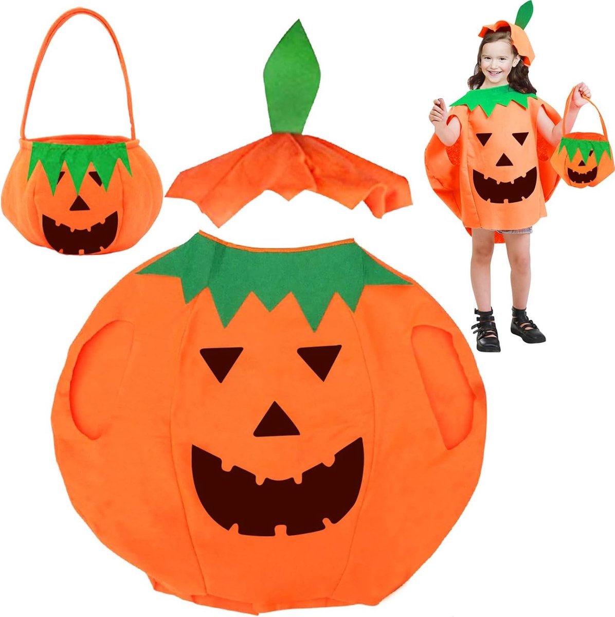Halloween Kostuum voor Kinderen - 3-delig Pompoen Kostuum met Hoed, Tas en Snoeptas voor Jongens en Meisjes