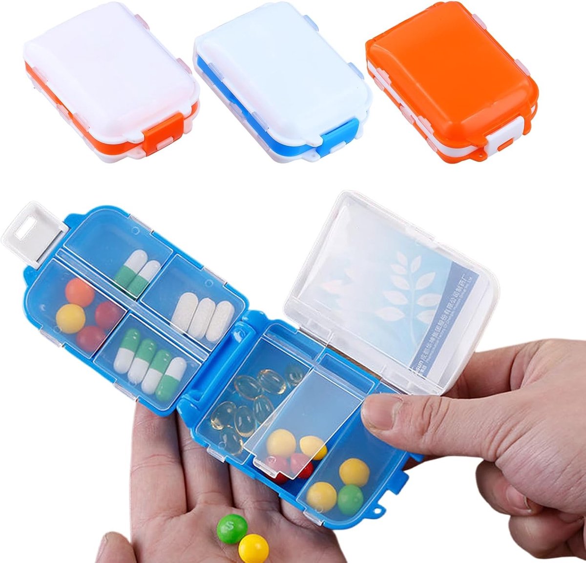 4-delige dagelijkse pillendoos met 8 compartimenten, handige pillendoos voor onderweg, compact en lichtgewicht, vochtbestendig ontwerp voor veilige opslag en organisatie van medicijnen