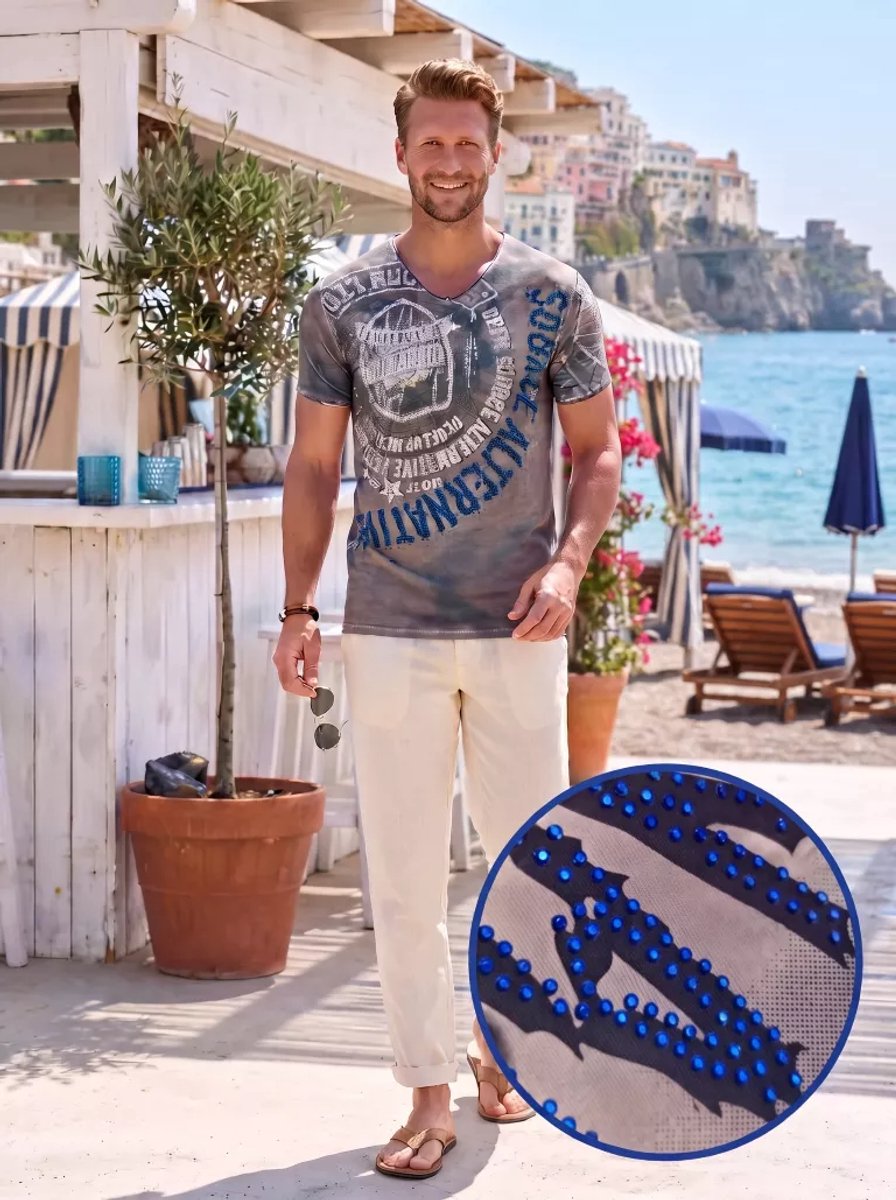 RustyNeal - Strass T-shirt Heren - Knoopsluiting - Antraciet - Ronde Hals