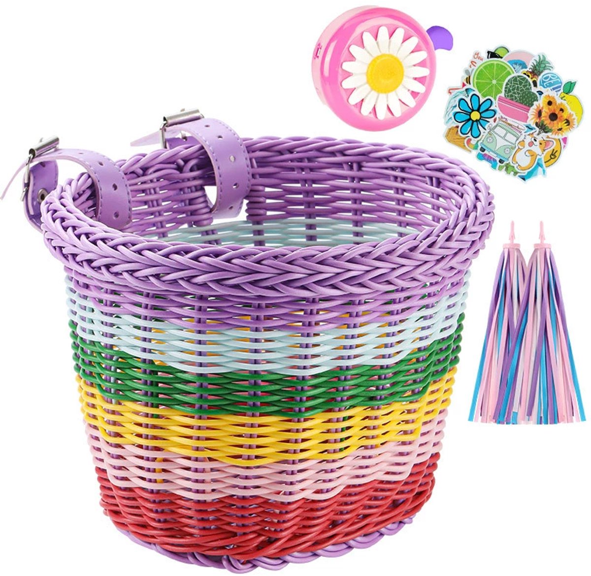Fietsmandje Meisjes - Fietsmand Kinderfiets - inclusief Fietsbel Kind, 2 x Stuurslingers, 30 x Stickers - Handgeweven fietsmand voor kinderen - Fiets Accessoires voor Kinderen - Kinderfietsmand Set - Regenboog