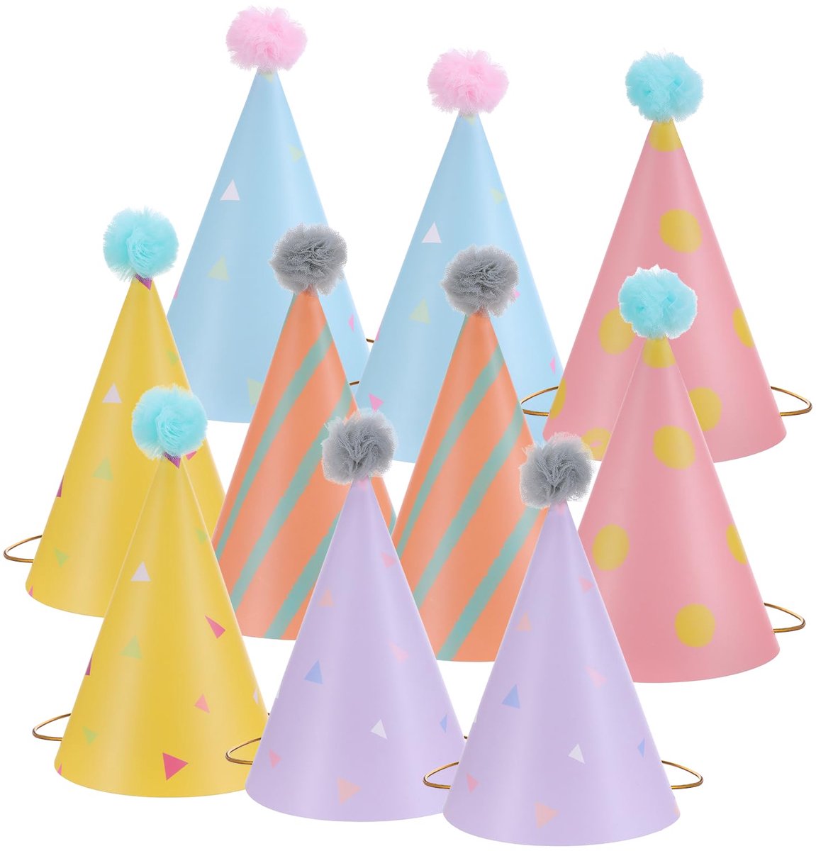 Feesthoeden 10 stuks - papier met pompons - vrolijke kegelhoeden - perfect voor verjaardagsfeest - ShopVlot