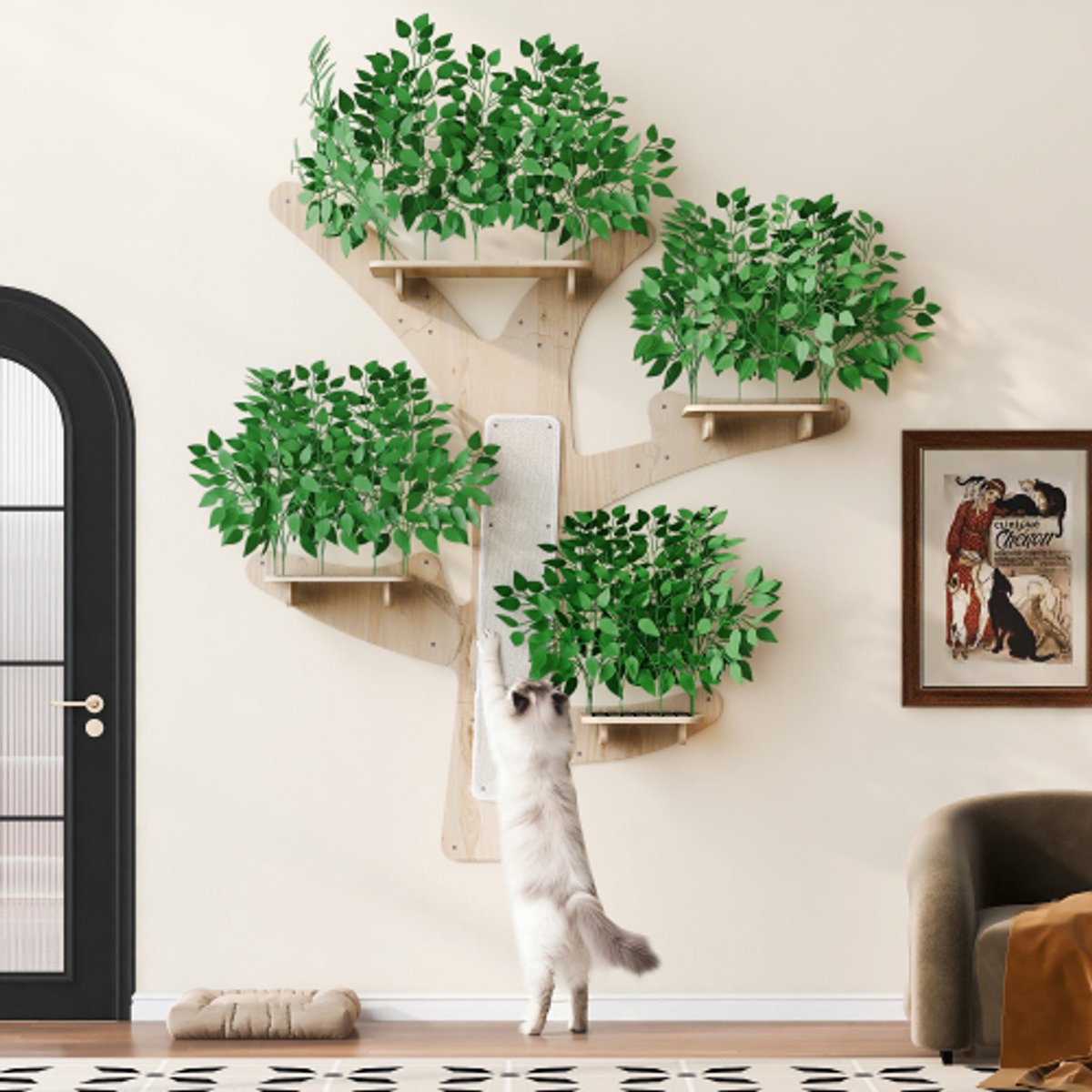 Wand-Kratzbaum in Baumform – Design Katzenkletterbaum aus massivem Kiefernholz, mit Kratzfläche & Plattformen, dekorativ & stabil, 155×210 cm- katzen kletterwand,kratzbaum wand