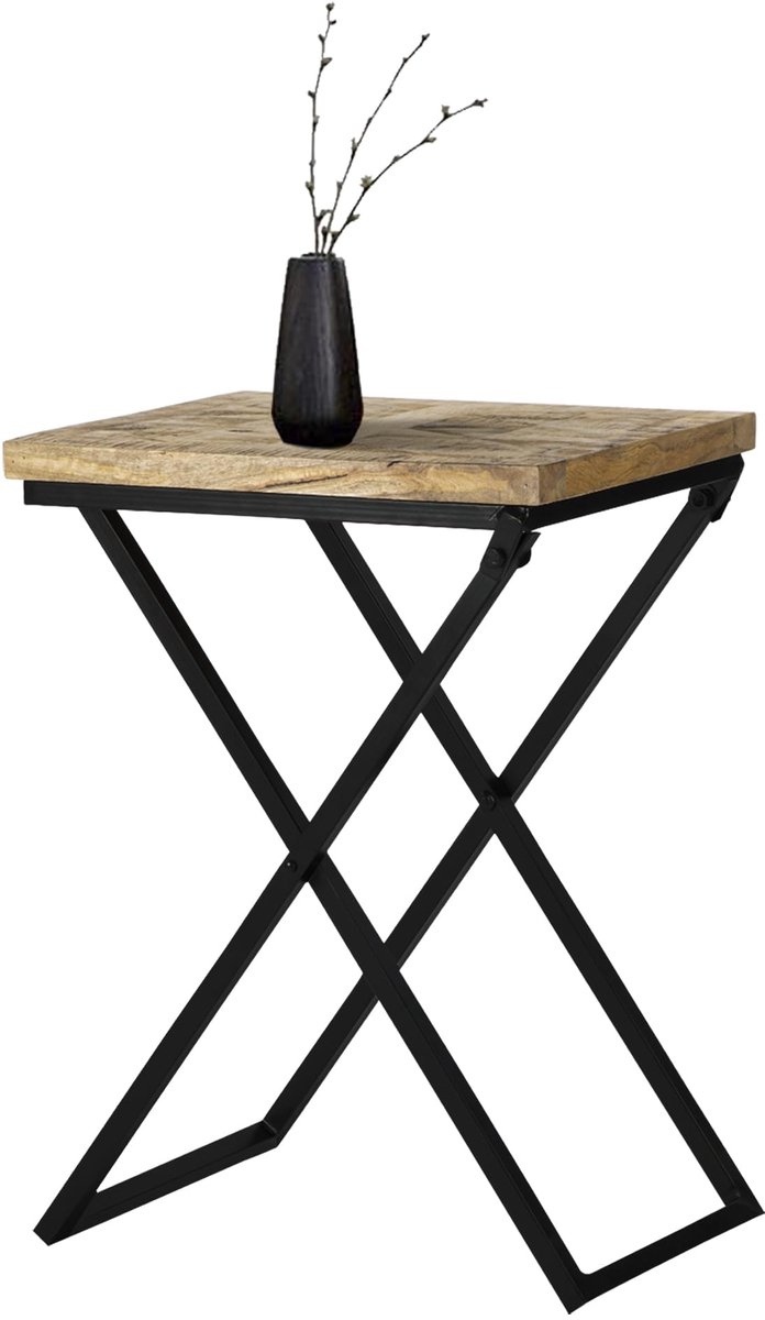 Famanu Moderne bijzettafel van massief mangohout met metalen frame, industrieel ontwerp, 48x35x63cm, perfect als salontafel of bartafel Naturel