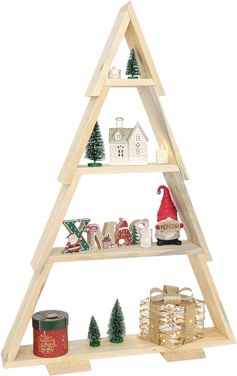 Famanu – Houten kerstboomdecoratie met 4 planken, boomvorm 110x67 cm, natuurlijk hout gelakt, klaar om te schilderen voor kerstversiering