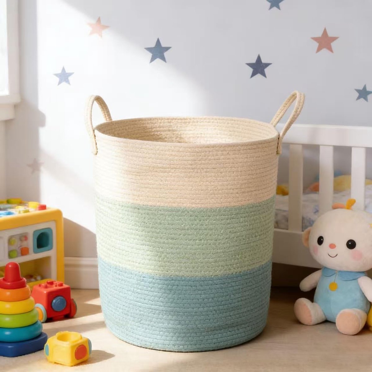 Famanu – Grote gevlochten wasmand met handgrepen, multifunctionele opbergmand voor speelgoed, 63 liter inhoud, afmetingen 50 x 40 cm