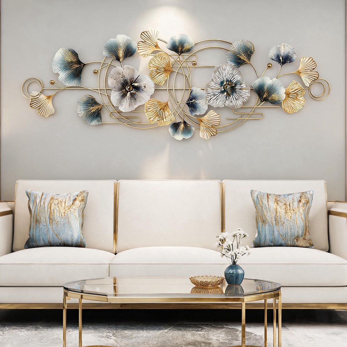 Famanu – 3D wanddecoratie voor woonkamer van metaal, 127 x 44 cm, bloemen muursculptuur, hangende decoratie voor achter de bank en kantoor, inclusief 2 schroeven